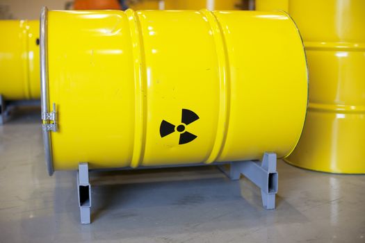 Yellow barrels with radioactive waste disposal