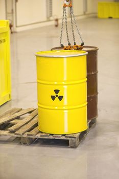 Yellow barrels with radioactive waste disposal