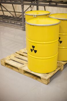 Yellow barrels with radioactive waste disposal