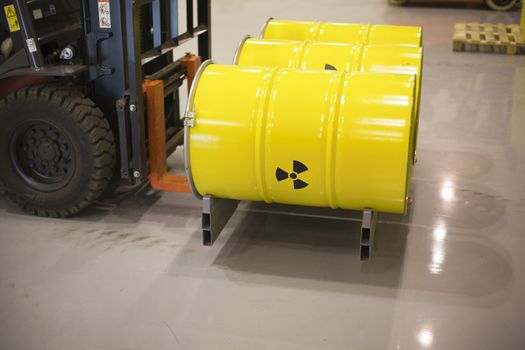 Yellow barrels with radioactive waste disposal