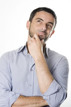 Caucasian Young Man with Beard Thinking Doubting and Considering a Decision Isolated in White Background