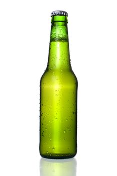 Cold frosted green beer bottle on white Background