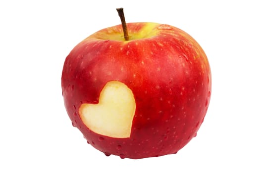 Heart on the fresh apple, a Valentine's Day theme, on a white background.