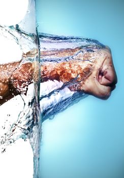 Isolated Caucasian Male Fist Hitting Blue Water and splashing drops on a white background 