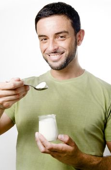 Happy Young Man with Beard Eating Yogurt Isolated on White Background