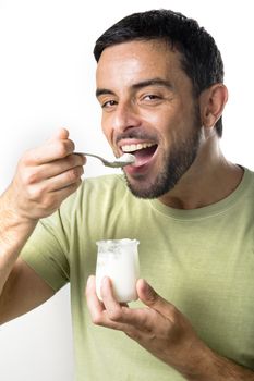 Happy Young Man with Beard Eating Yogurt Isolated on White Background