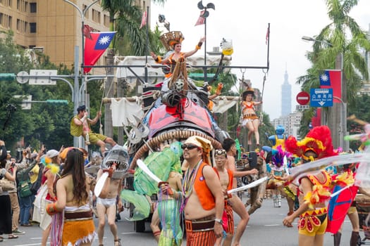 Costumed revelers march with floats in the annual Dream Parade on October 19, 2013, in Taipei, Taiwan.