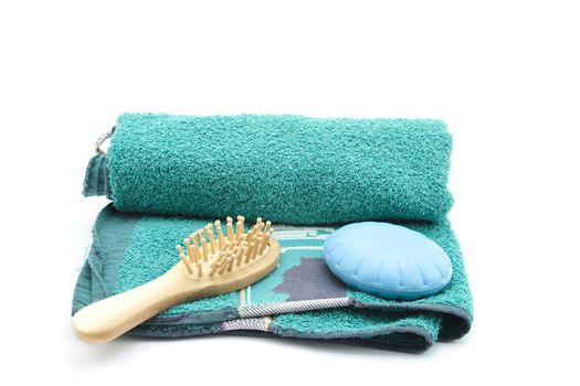 Massage Brush with Blue Soap and Green Fleece Towel