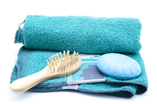 Massage Brush with Blue Soap and Green Fleece Towel