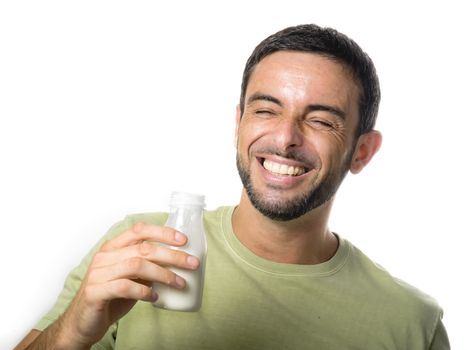 Happy Young Handsome Man with Beard drinking Milk and Yogurt isolated on White Background
