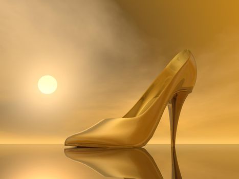 One golden high heel by brown sunset