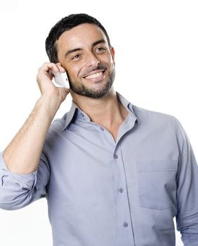 Happy Young Man with Beard Talking on Cellphone isolated on White Background