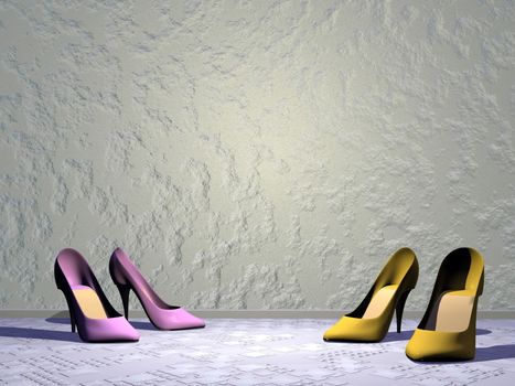 Two pairs of colorful high heels in the street
