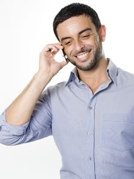Happy Young Man with Beard Talking on Cellphone isolated on White Background