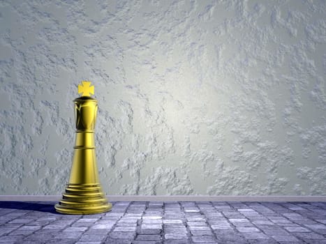 One golden chess king alone in the street