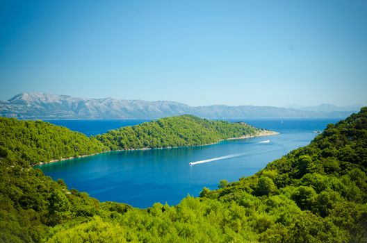 Landscape of the coast line of Mljet Croatia with the mountains in the background