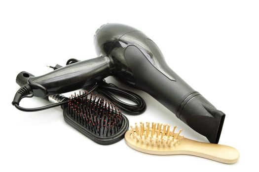 Black Hairdryer with Wooden Comb and Plastic Comb