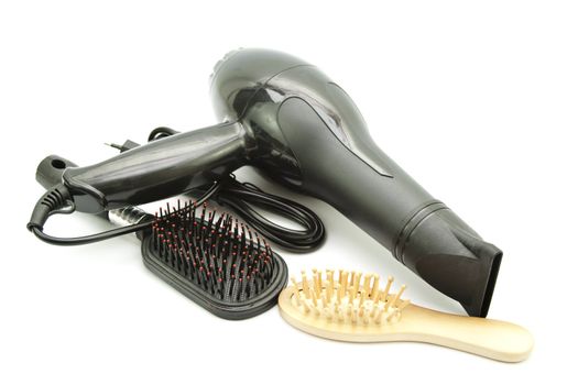 Black Hairdryer with Wooden Comb and Plastic Comb