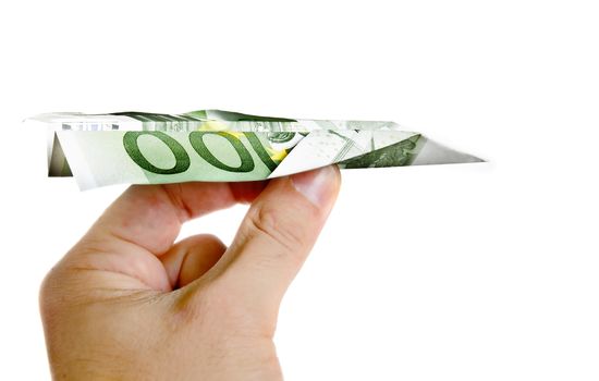 Man Hand Holding Banknote Paper Plane isolated on White Background