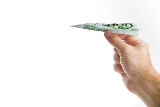 Man Hand Holding Banknote Paper Plane isolated on White Background