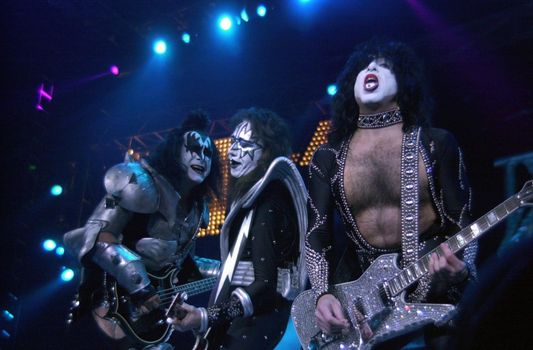 Gene Simmons, Ace Frehley and Paul Stanley of KISS at the Anaheim Pond, 03-18-00, on the Farewell Tour.