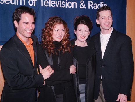 Eric McCormack, Debra Messing, Megan Mullally and Sean Hayes at the William Paley Television festival, honoring "WILL & GRACE" at the Directors Guild, 03-01-00