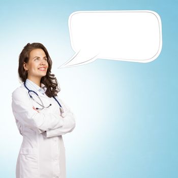 young woman doctor says cloud over his head, place for text