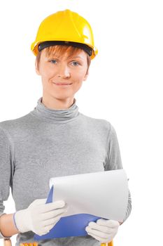 woman construction worker holding clipboard with sheet isolated