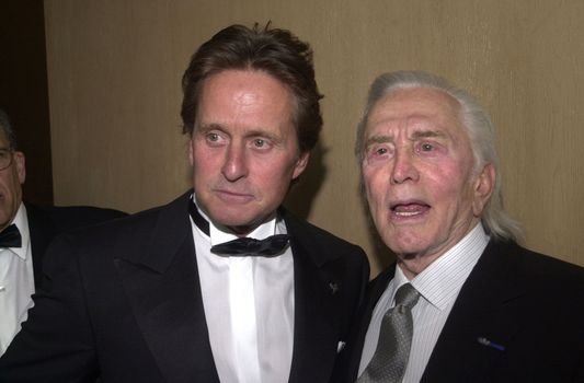 Michael Douglas and Kirk Douglas at the Simon Wiesenthal Center Museum of Tolerance 2001 National Tribute Dinner, Beverly Hilton Hotel, Beverly Hills, 06-25-01