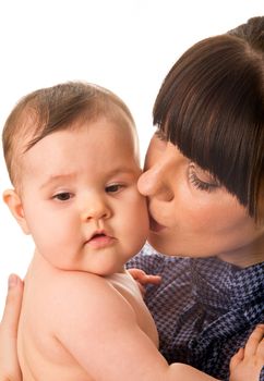 Portrait of mother kissing her baby isolated on white