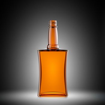 Empty red glass bottle for scotch or brandy on grey
