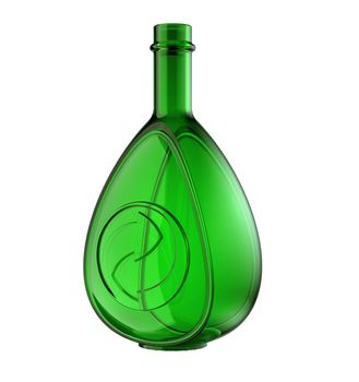 Green bottle for whisky or cognac with recycling symbol isolated on white