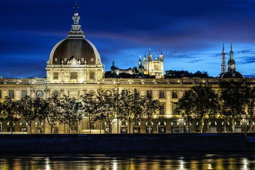 View of Lyon city after sunset with Rhone river