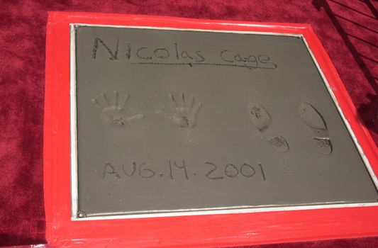Nicolas Cage's handprints at the handprint/footprint ceremony for Nicolas Cage at the Chinese Theater, Hollywood, 08-14-01