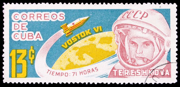 Cuba- Circa 1963: Cuba stamp dedicated to the first woman astronaut V. V. Tereshkova, circa 1963.