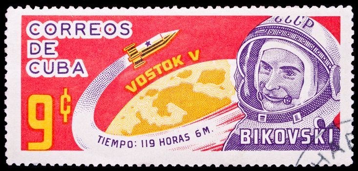 Cuba- Circa 1963: Cuba stamp dedicated to russian astronaut Bykovsky, circa 1963.