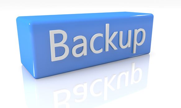 3d render blue box with text Backup on it on white background with reflection