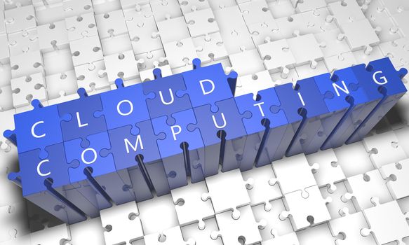 Cloud Computing - puzzle 3d render illustration with text on blue jigsaw pieces stick out of white pieces