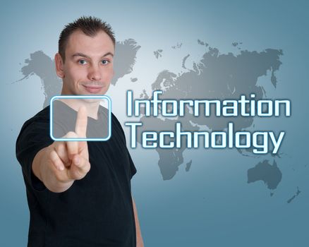 Young man press digital Information Technology button on interface in front of him