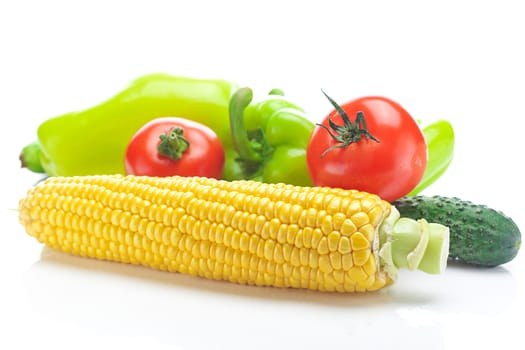 tomatoes, peppers, cucumbers and corn isolated on white