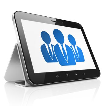 Law concept: black tablet pc computer with Business People icon on display. Modern portable touch pad on White background, 3d render