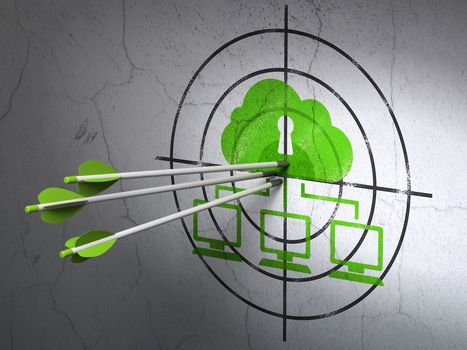 Success cloud computing concept: arrows hitting the center of Green Cloud Network target on wall background, 3d render