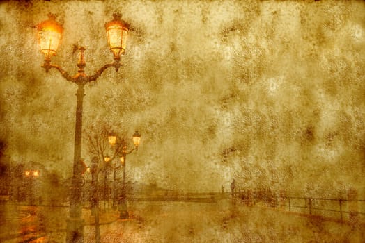 lanterns lit cityscape street; vintage style parchment texture and sepia tone