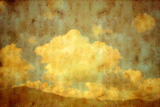 vintage mountain sky and clouds, textured old paper background