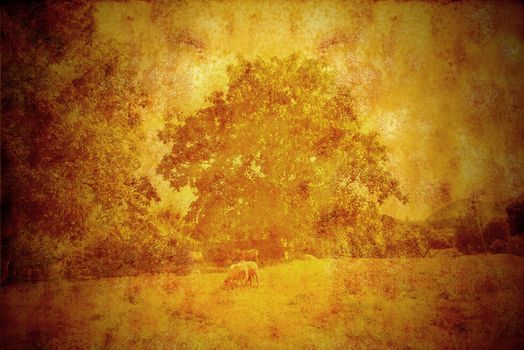 ancient landscape scene setting, textured old paper sepia tone