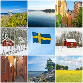 Sweden. Swedish flag, city, countryside and nature. Collection of 9 images.