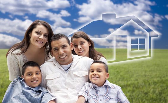 Happy Hispanic Family Portrait Sitting in Grass Field with Ghosted House Figure Behind.