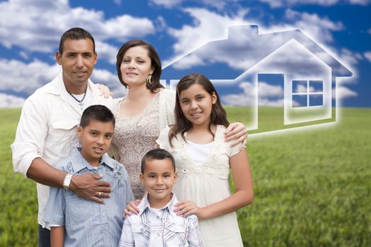 Happy Hispanic Family Standing in Grass Field with Ghosted House Behind.
