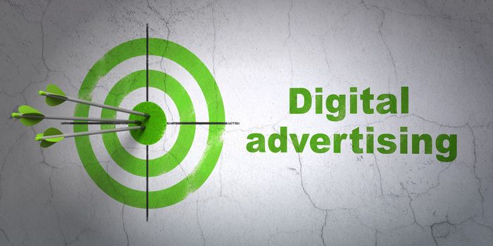 Success advertising concept: arrows hitting the center of target, Green Digital Advertising on wall background, 3d render