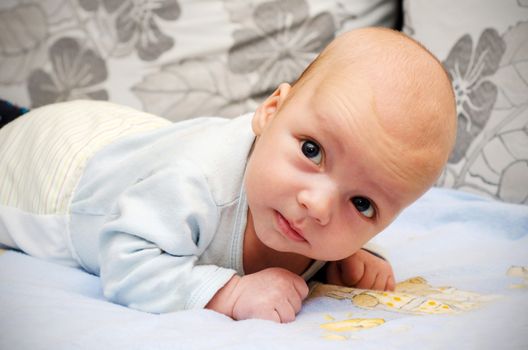 Little newborn baby boy lifting head